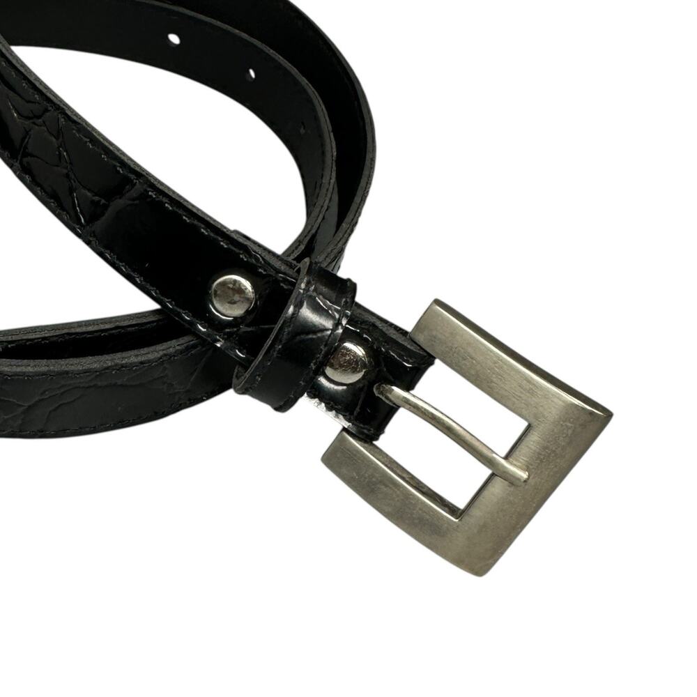 Black Dress Belt Womens Sz S Shiny Faux Leather Silver Tone Buckle 90s Retro
